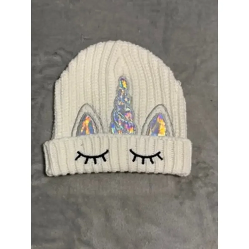White Unicorn Knit Beanie Hat Holographic Horn One Size Kids